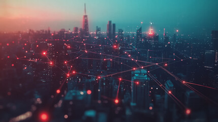 Fototapeta premium Smart digital Innovation city with connection network reciprocity over the twilight cityscape. of future smart wireless digital city and social media networking systems that connects people with city