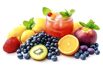 Fresh fruit juice with various fruits and berries on white background