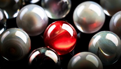 회전하는 여러 개의 구슬들이 나열되어 있는 가운데, 하나의 구슬만 붉은빛으로 빛나는 장면