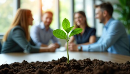 Diverse business team convenes in office to brainstorm eco-friendly solutions. Collaborative discussion surrounds small sprout growth, innovation in sustainable strategies. Group of professionals