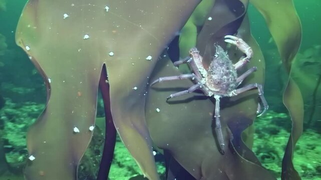 A massive spider crab glides gracefully over a vibrant seaweed leaf beneath the Arctic ice of the White Sea, foraging for food in the cold, tranquil underwater landscape.