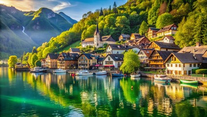 Stunning Lakeside Tourism: High-Resolution Photo of Calm Waters and Lush Greenery