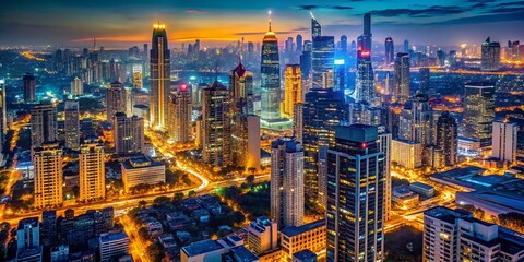 Naklejka premium Stunning Night Cityscape: Illuminated Skyline & Urban Lights