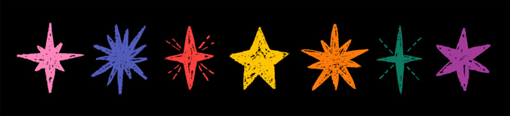 Chalk star on chalkboard. Blackboard with doodle vector star. Crayon sketch, hand drawn kid art. Christmas, Birthday scribble. Color icon on chalk board bg. Space pattern, pastel blackboard background