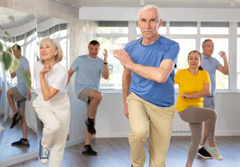 Enthusiastic elderly man attending group choreography class, learning modern dynamic dances....