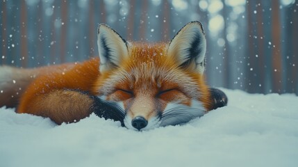 Obraz premium Red fox sleeping in snowy forest, winter wonderland