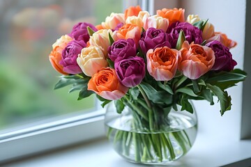 A bouquet of colorful roses and tulips in a glass vase on a windowsill with soft natural light. The scene feels fresh, romantic, and perfect for ads, weddings, or articles about love and nature.