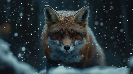 Fototapeta premium Red fox winter snow forest portrait, wildlife