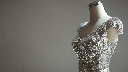 Shiny cocktail dress with silver sequins on a neutral mannequin