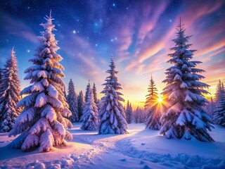 Fototapeta premium Stunning Winter Wonderland: Frosty Evening, Snowy Pine Trees