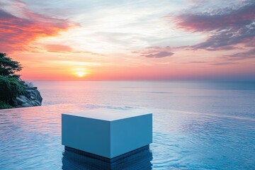 Oceanfront sunset display cube; infinity pool product placement