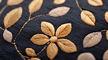 Golden embroidered leaves on black fabric