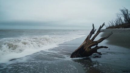 A lone driftwood protrudes from the water on a windswept beach, set against a turbulent sea and brooding sky, embodying resilience.