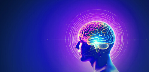 Holographic Brain in a Cybernetic Glow: AI and Neural Network Concept. Generated image
