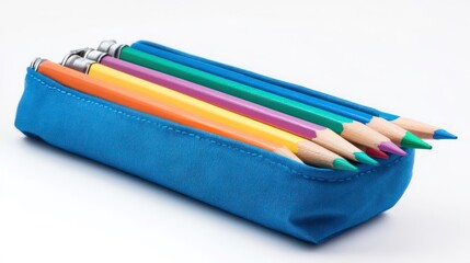 Blue pencil case with colorful pencils on white background