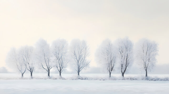 Snowy winter landscape with frosted trees against a pale sky, conveying a sense of peace and tranquility. Frosted Meadow. Illustration