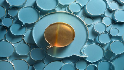 투명한 말풍선 모양 아이콘들이 겹겹이 쌓여 있는 가운데, 한 개만 황금빛으로 강조된 장면