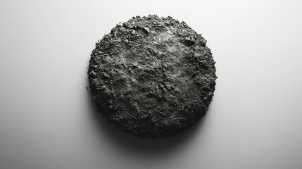 Fototapeta premium Rough, dark grey disc on white background, studio shot, texture sample
