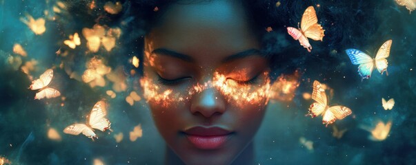 Dreamlike vision of young african female with butterflies and magical light