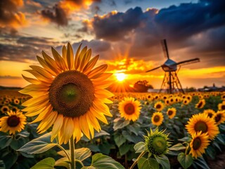 Sunflowers and Windmill at Dusk: Vibrant Blooms in Low Light