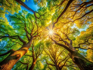 Fototapeta premium Sunlit Canopy: Vibrant Green Trees Worms Eye View Stock Photo