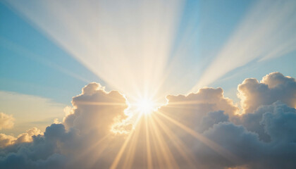 Golden sunlight piercing fluffy clouds in a bright morning sky, hope, Sunny Sky with Clouds, Mild Weather