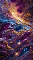 A hyper-detailed cosmic wallpaper featuring a swirling galaxy with vibrant hues of deep purple, electric blue, and shimmering gold, surrounded by glowing stars and faint nebula clouds.