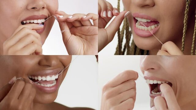 Four women showcase their teeth cleaning methods, including flossing in a relaxed setting. Their diverse beauty highlights the importance of self-care and personal hygiene.