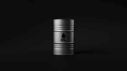 Single silver metal oil barrel on black background. Front view. Oil industry concept. 3d render illustration