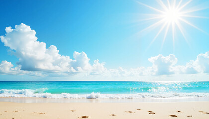 Obraz premium Tranquil beach scene with sparkling water and fluffy clouds, serenity, Sunny Sky with Clouds, Mild Weather