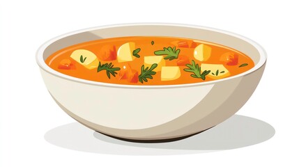 Bowl of vegetable soup with visible carrots, potatoes, and herbs, warm and inviting, on a white background.