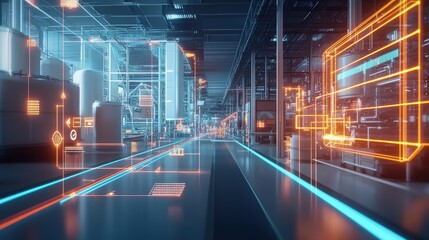 Transforming a futuristic automated production line, digitalization enhances manufacturing efficiency through real time data analysis and optimized control systems