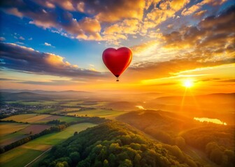 Fototapeta premium Sunrise Heart Balloon: Drone Aerial Shot of Red Balloon Floating Among Soft Clouds