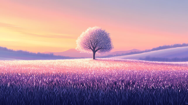 A frosty meadow at sunrise, with sparkling frost on the grass and a lone tree standing in the center. Frosted Meadow. Illustration