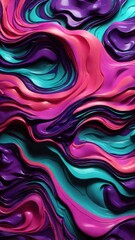 Fototapeta premium An energetic, futuristic abstract pattern with neon colors like electric purple, magenta, and teal, forming fluid, wave-like shapes on a dark background.