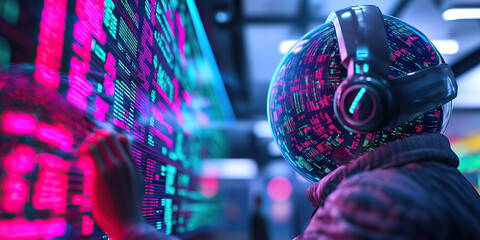 Person in Helmet with Code Display Interacting with Large Screen Showing Code