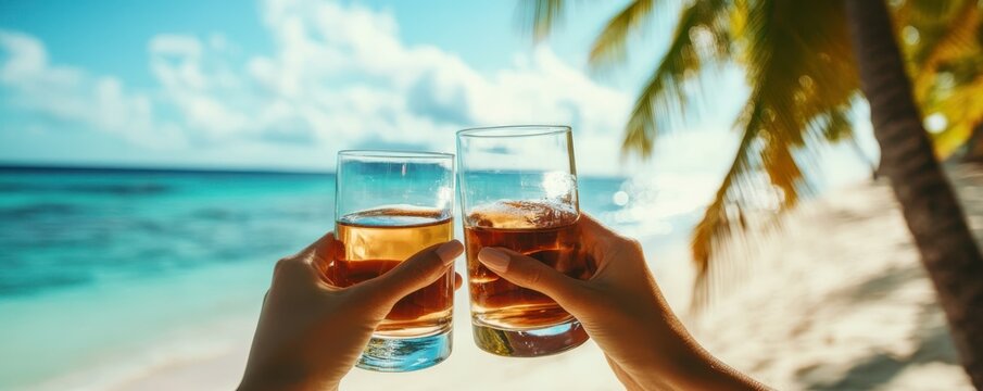 Tropical beach toast with refreshing drinks under swaying palm trees