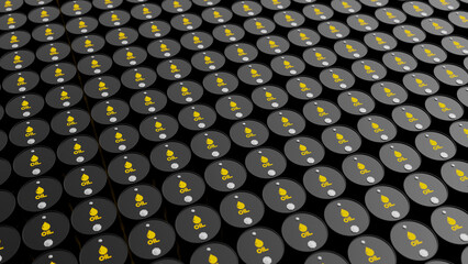 Fototapeta premium Top view on grid of black metal oil barrels. Many fuel tanks. Oil industry concept. 3d render illustration