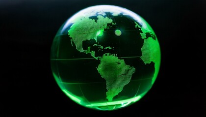 Fototapeta premium 투명한 구체 안에 떠 있는 세계 지도에서, 특정 한 대륙이 형광 초록빛으로 빛나는 모습