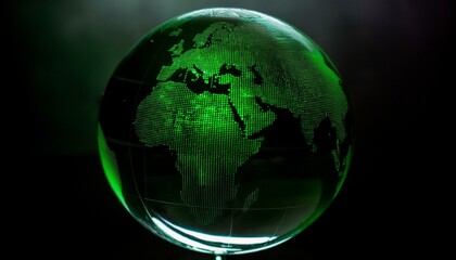 투명한 구체 안에 떠 있는 세계 지도에서, 특정 한 대륙이 형광 초록빛으로 빛나는 모습