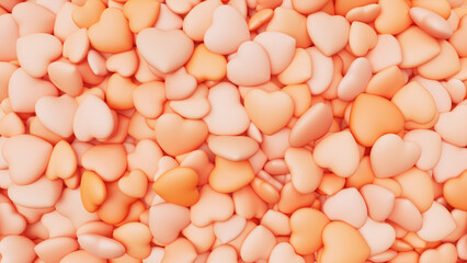 Beige and coral pink hearts background for Valentine's Day. Pile of hearts. Romantic backdrop. 3d render illustration