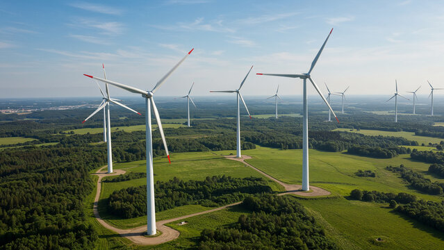 Aerial view of wind turbines on a vast green landscape, emphasizing renewable energy, sustainability, and clean technology in a modern wind farm setting

