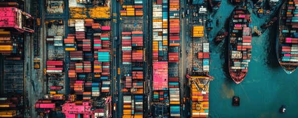 Fototapeta premium Aerial view of shipping containers and cargo ships at a busy port