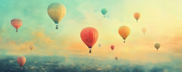 Obraz premium Vibrant hot air balloons soaring over cityscape at sunrise