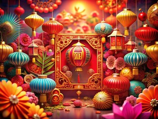 Naklejka premium Surreal Chinese Lunar New Year Background: Oriental Style Motion Graphic Design with Copy Space