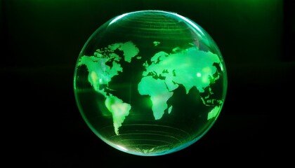 Fototapeta premium 투명한 구체 안에 떠 있는 세계 지도에서, 특정 한 대륙이 형광 초록빛으로 빛나는 모습