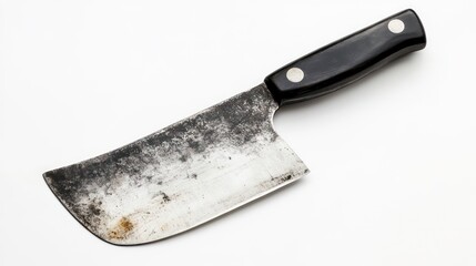 Butcher&rsquo;s cleaver with a black handle, isolated on white background.