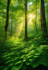 Obraz premium mesmerizing view lush forest treetops bathed radiant morning light creating vibrant natural canvas, mornings, nature, trees, greenery, sunlight, landscape