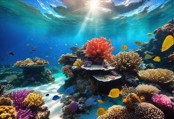 Naklejka premium enchanting mystical underwater landscape featuring vibrant coral exotic colorful sea creatures pristine ocean setting, marine, life, garden, fish, reef