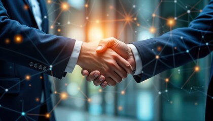 Business people shake hands. Tech partnership in progress. Modern business deal. Investment data visualization. Global digital networking. Future business. Collaborative venture. Innovative business.
